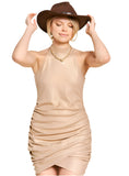 Front view of taupe high-neck dress with shirred detailing and metallic finish.
