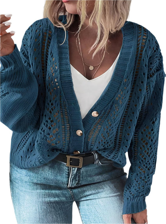 Front view of teal plus-size crochet cardigan with button-down front