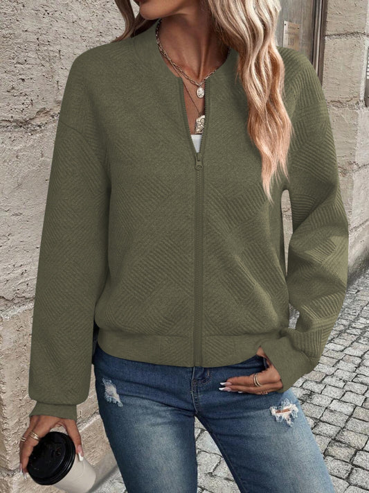 Front view of olive textured jacket, ideal for casual and everyday wear.
