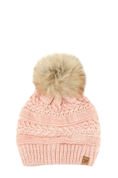 Comfortable blush beanie with detailed chevron design and fur accent

