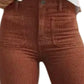 Brown textured high-waist straight-leg pants with functional pockets.