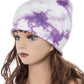 Purple and white tie dye knit beanie with soft roll edge detail

