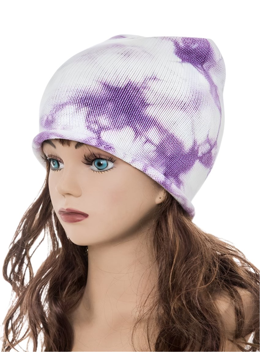 Purple and white tie dye knit beanie with soft roll edge detail

