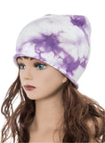 Purple and white tie dye knit beanie with soft roll edge detail

