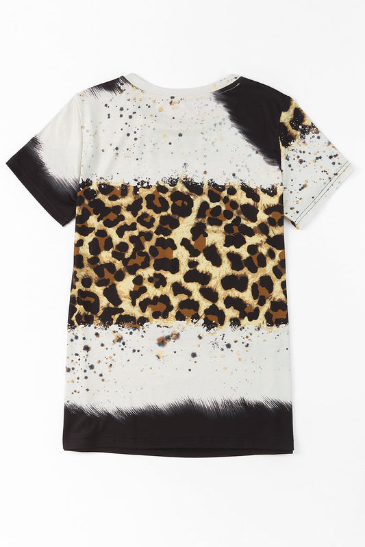 Trendy graphic tee with a mix of tie-dye and leopard print design.