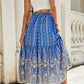 Tiered blue skirt with a boho style and flowing silhouette.