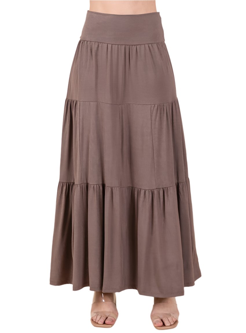 Tiered ruffle maxi skirt with foldover waistband in brown.
