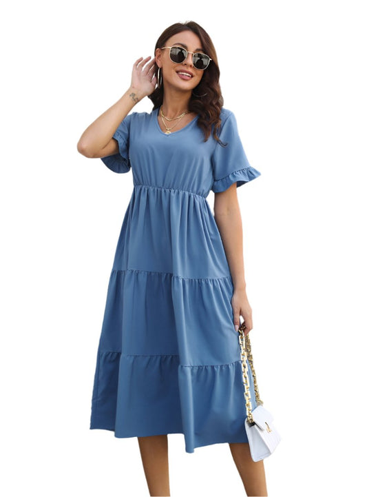 Blue tiered ruffle sleeve midi dress with elastic waist for a flowy fit.
