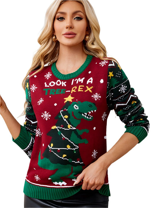 front view of Tree-Rex Christmas sweater with festive dinosaur graphic
