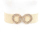 Trendy beige belt with double-circle gold buckle design for versatile outfits.
