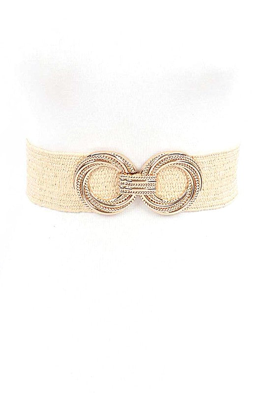 Trendy beige belt with double-circle gold buckle design for versatile outfits.
