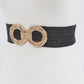 Trendy black belt with double-circle gold buckle design, perfect for casual outfits.
