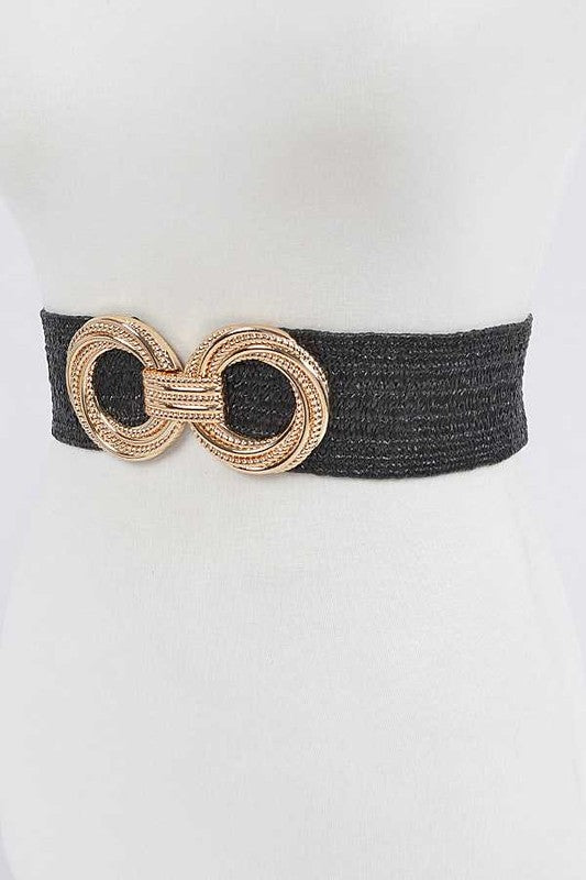 Trendy black belt with double-circle gold buckle design, perfect for casual outfits.
