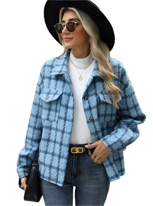 Trendy blue plaid shacket for women, perfect for casual layering.
