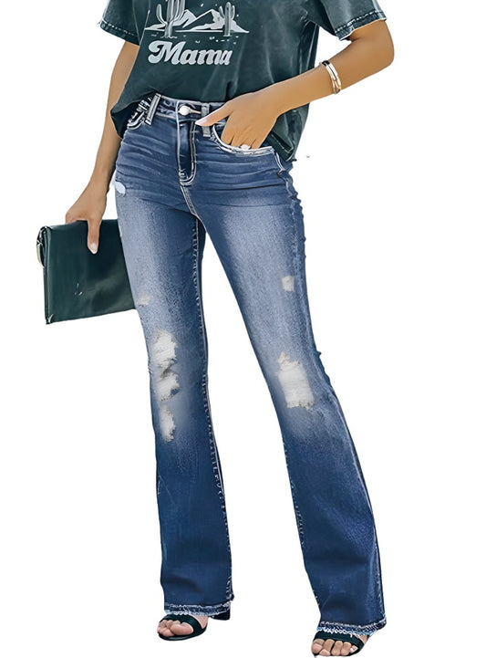 Distressed Bootcut Jeans with a trendy distressed look and flattering bootcut fit.