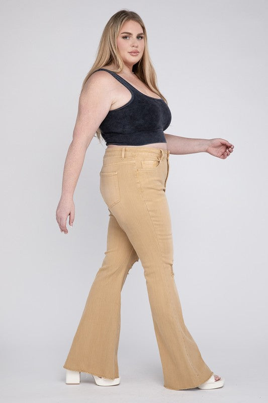 Trendy plus-size distressed flare jeans for a chic casual outfit.
