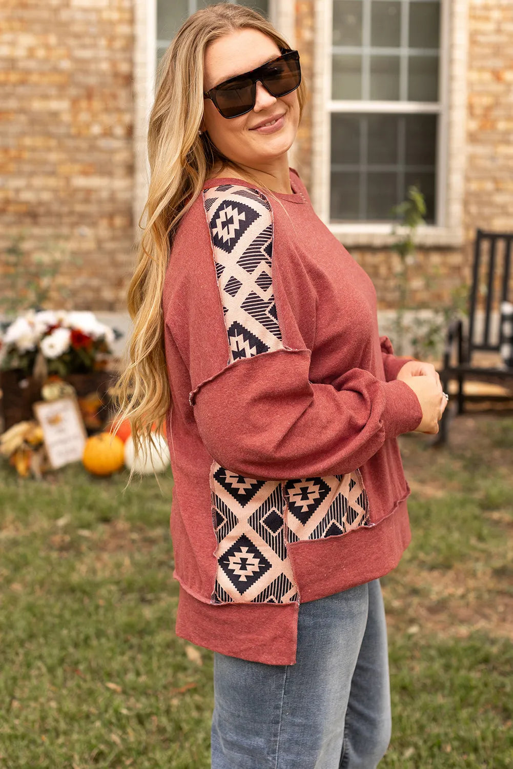 Plus-size long-sleeve geometric print sweatshirt for fall casual outfits.
