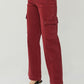 Full-length photo of wide leg cargo jeans in red, showcasing functional pockets and a relaxed fit.
