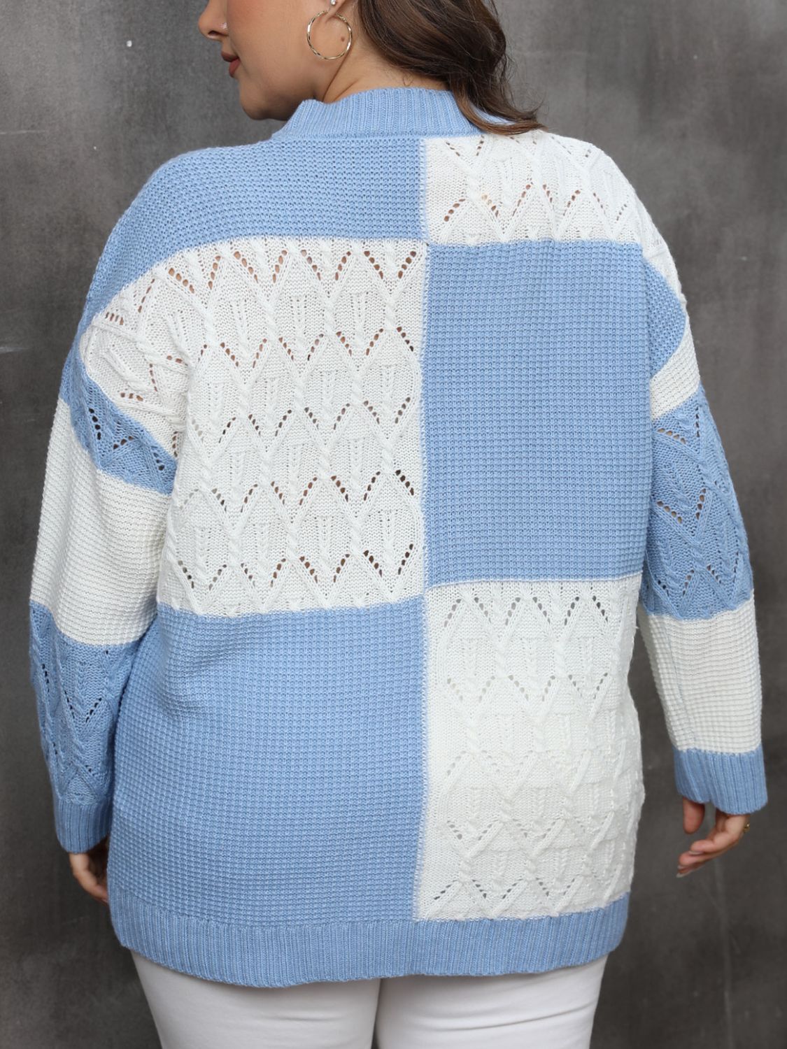 Trendy plus size open-knit patchwork sweater for cooler weather