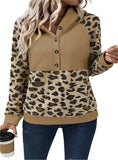 Leopard print hoodie with button-up neckline for women.
