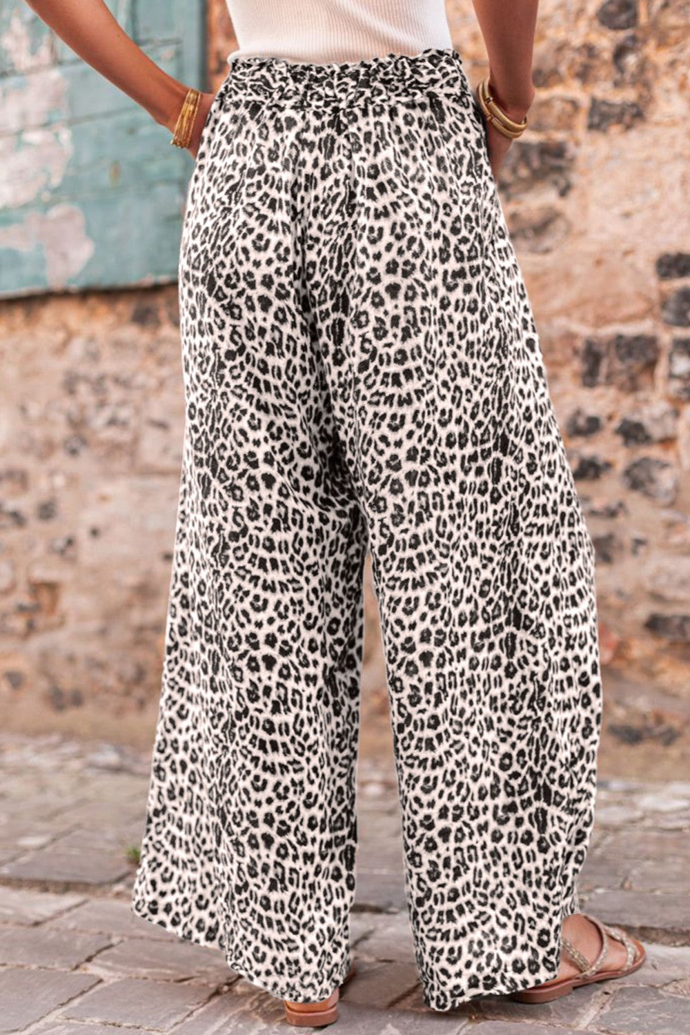 Casual leopard print wide leg pants with adjustable drawstring