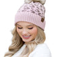 Pink CC beanie with natural leopard pattern and faux fur pom for a trendy touch
