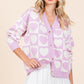 Lilac checkered pattern cardigan with heart buttons for women
