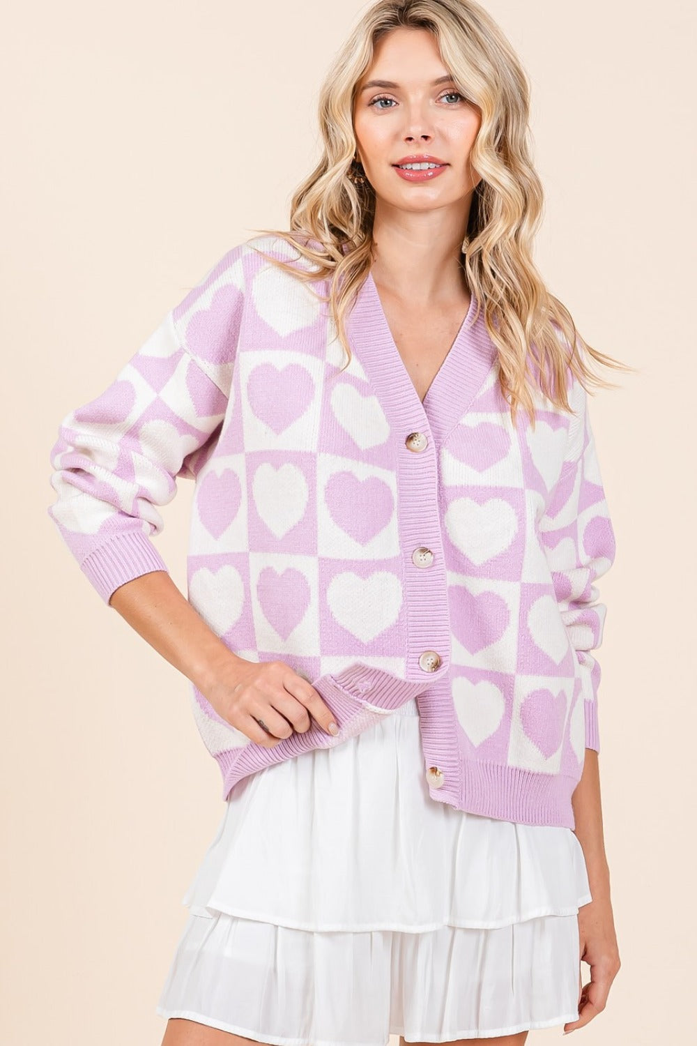 Lilac checkered pattern cardigan with heart buttons for women
