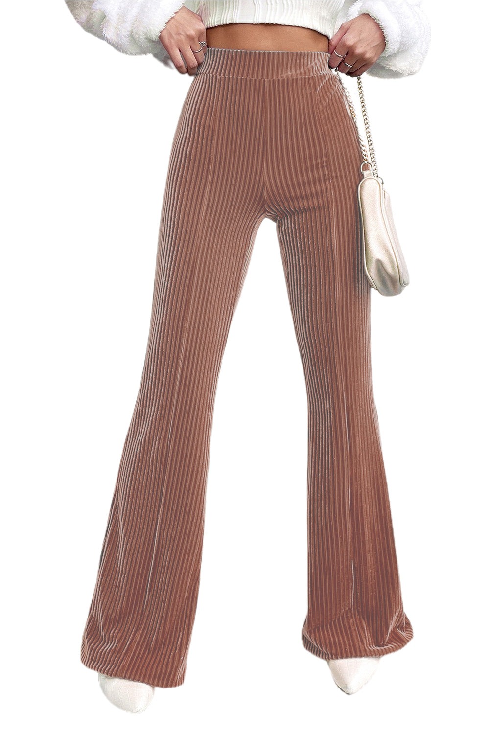 Stylish mauve pants with flared bottoms, great for trendy outfits.
