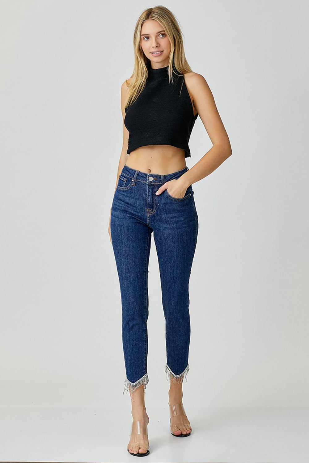 RISEN embellished crop skinny jeans featuring fringe detail for a fun, fashionable look
