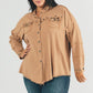 Women's plus-size casual shirt with a loose fit and trendy distressed hem.
