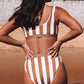 Trendy two-piece bikini set with vertical mocha and white stripes.
