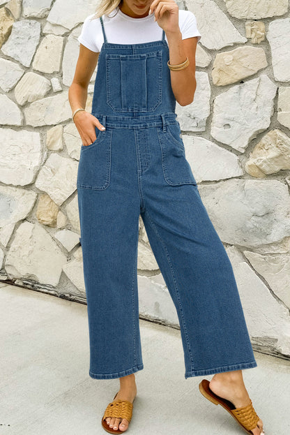 Trendy tie strap denim overalls in dusk blue
