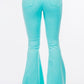 Retro-inspired turquoise bell bottom jeans with a high waist and flare leg