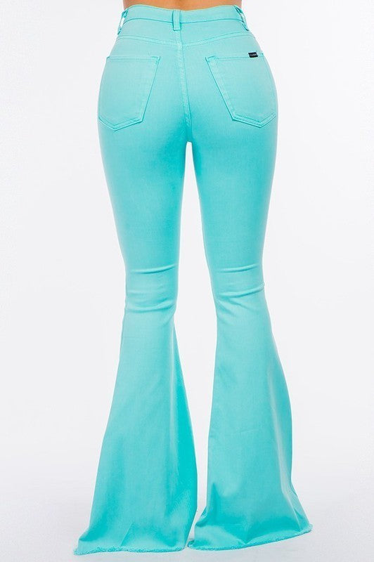 Retro-inspired turquoise bell bottom jeans with a high waist and flare leg