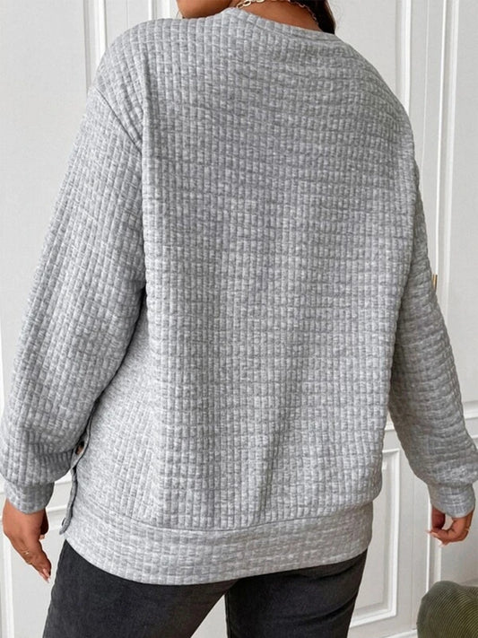 Stylish side-button waffle-knit sweatshirt in gray, relaxed fit.
