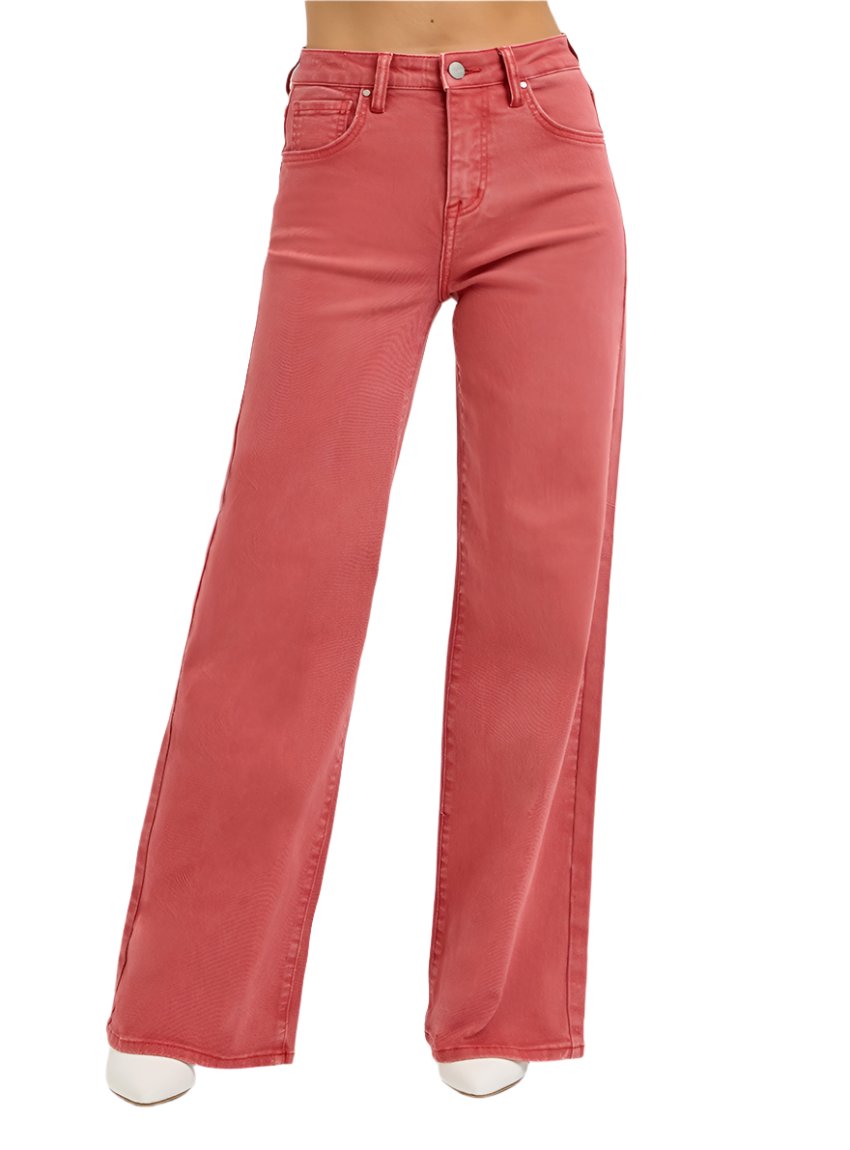 Front view of stylish wide-leg jeans in brick with high-rise waist and button closure.
