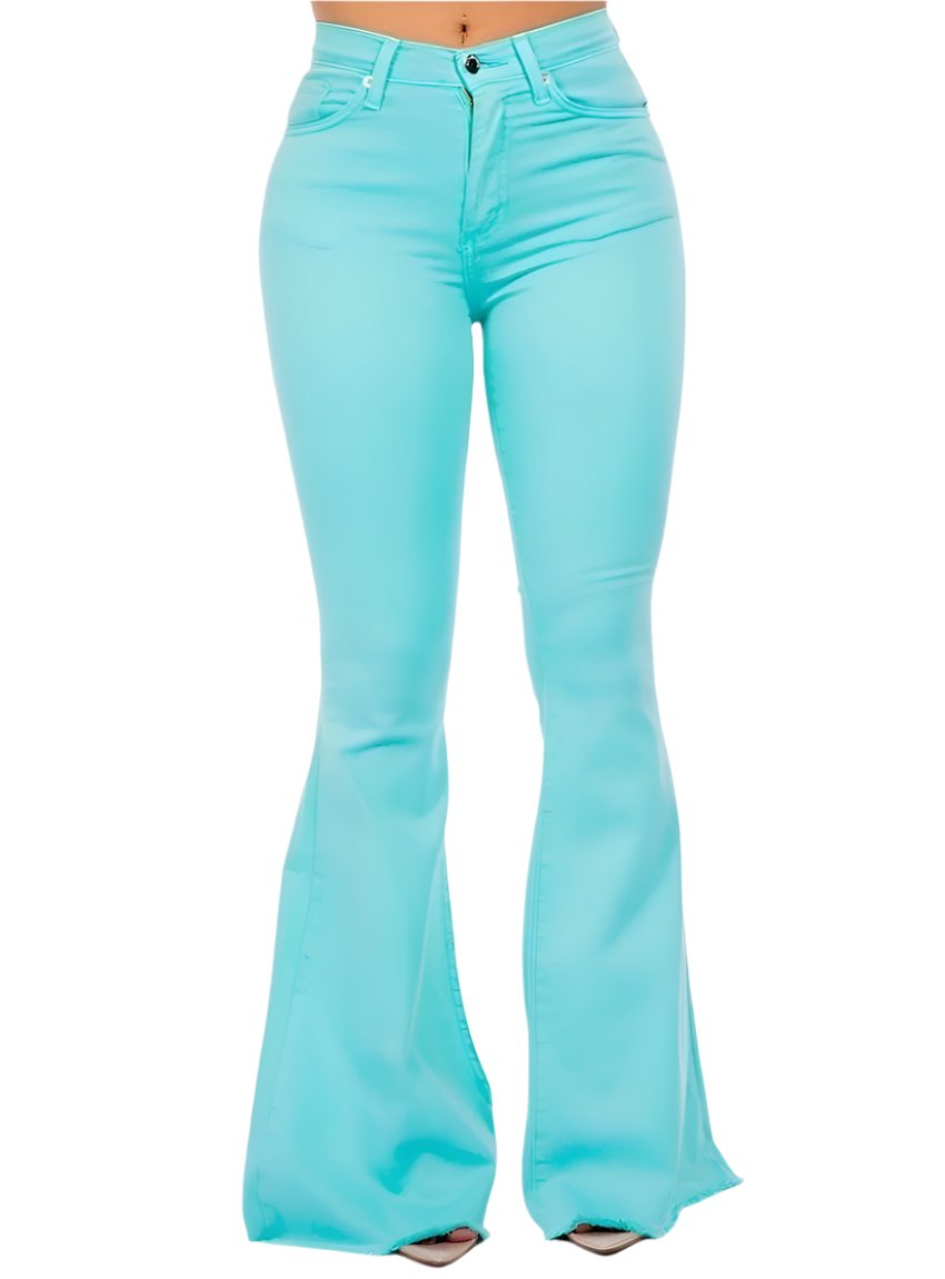 Woman wearing GJG Denim turquoise bell bottom jeans with a high-rise waist