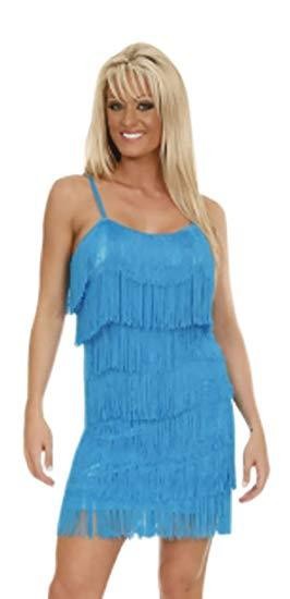 Full-length shot of a turquoise flirty fringe dress, perfect for fun parties.
