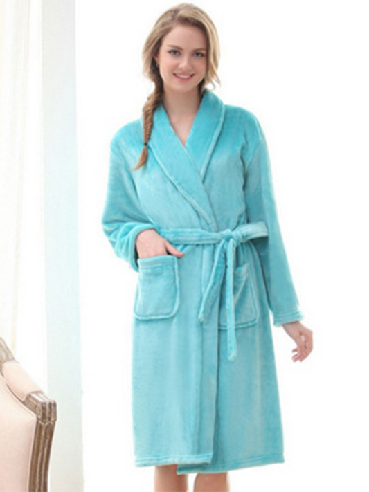 Front view of a turquoise unisex plush robe with a lapel collar and belted waist for comfort.
