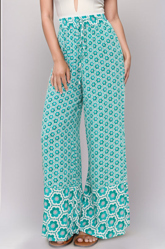 Floral turquoise wide-leg pants for a relaxed and comfortable fit.