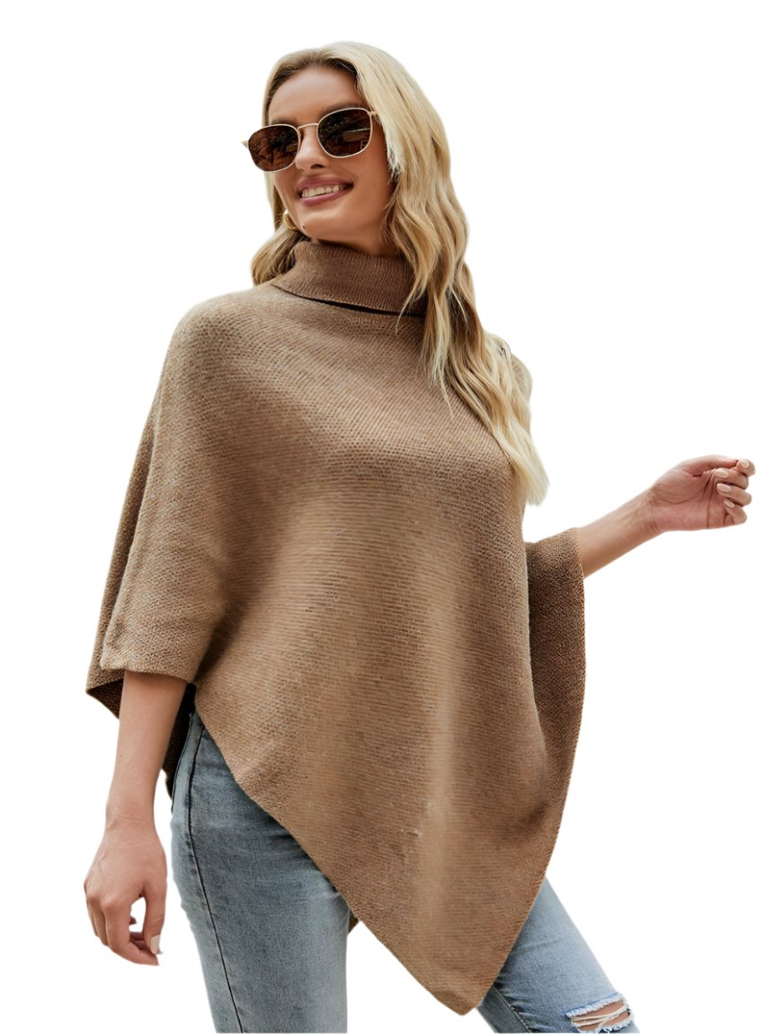 Women’s caramel poncho featuring a soft turtleneck and relaxed fit.
