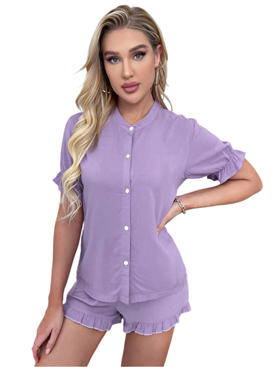 Stylish lavender sleepwear with ruffled shorts