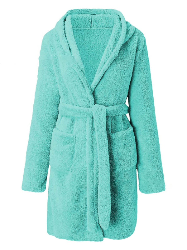 Ultramarine blue plush hooded robe, soft and lightweight for daily lounging.
