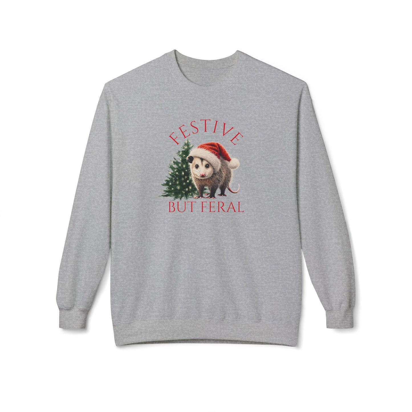 Christmas-themed sweatshirt with a gray base and festive opossum design.
