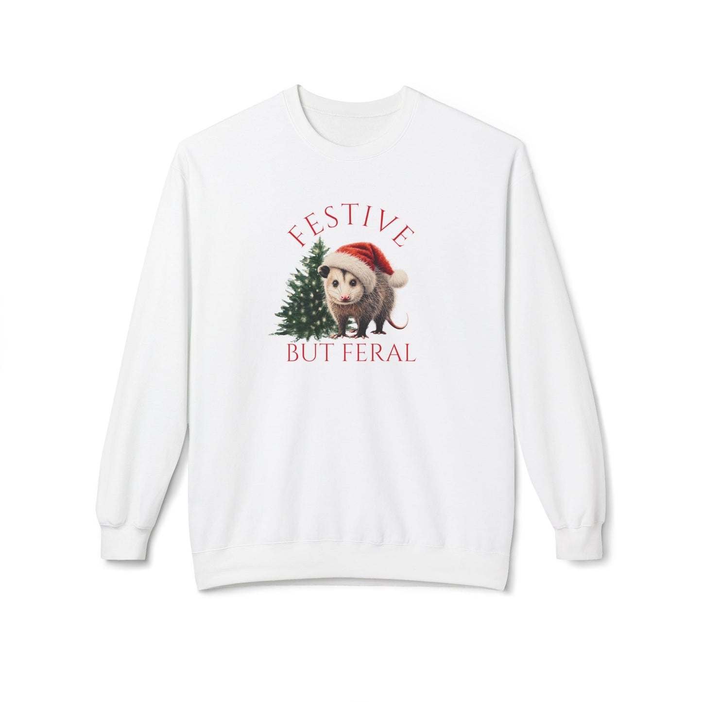 White opossum Christmas sweatshirt with Santa hat and tree details, unisex.
