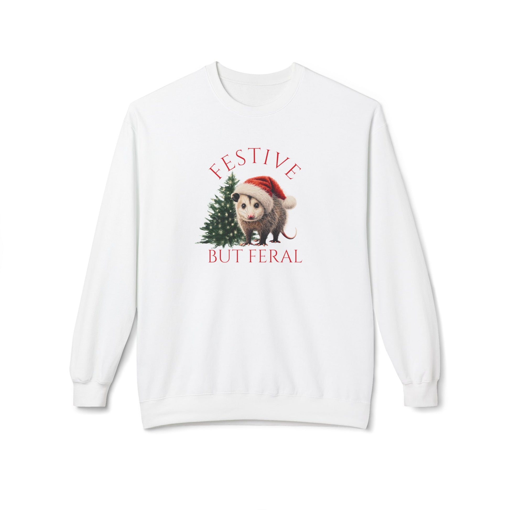 White opossum Christmas sweatshirt with Santa hat and tree details, unisex.
