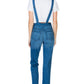 Back view of medium wash denim overalls with two back pockets.
