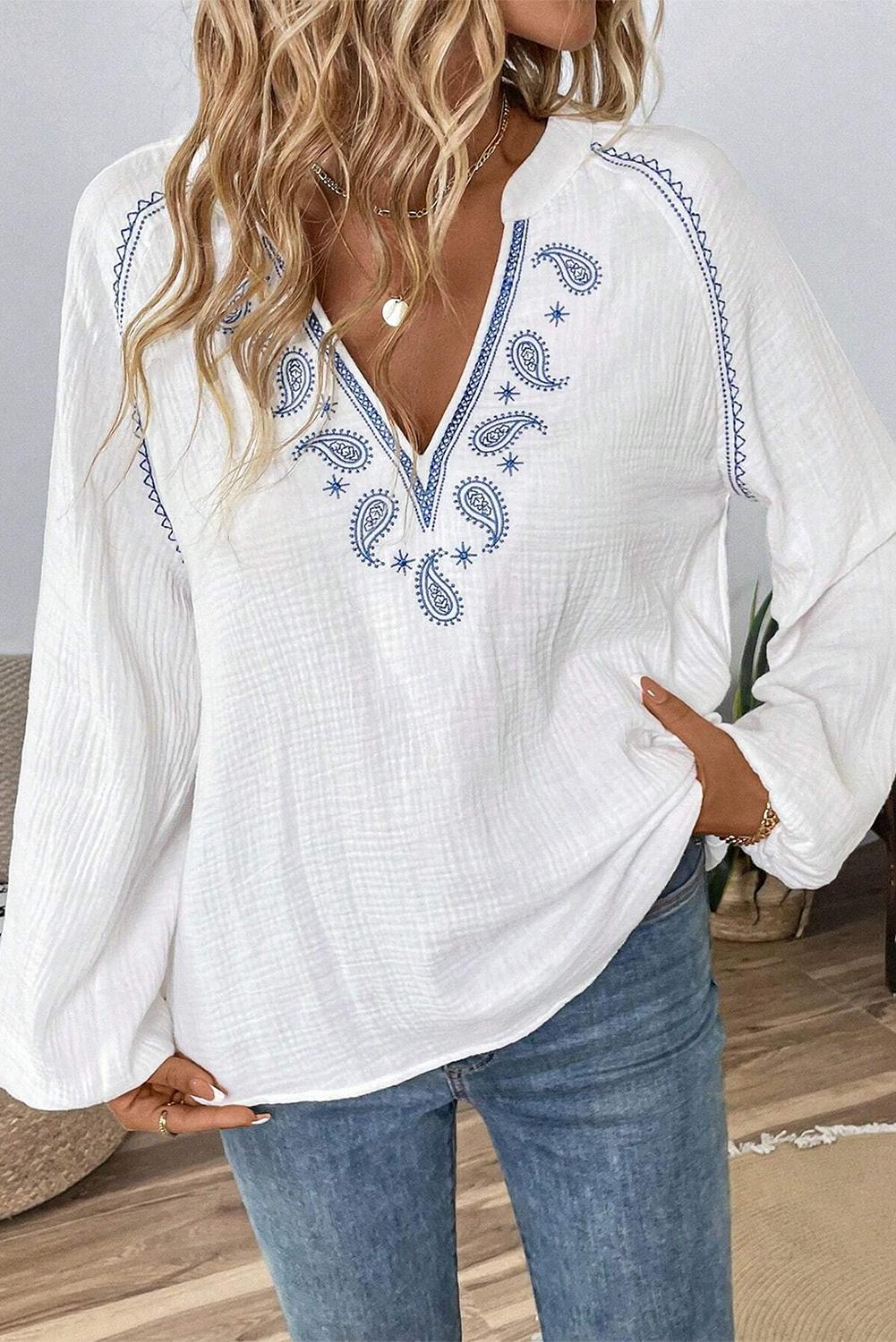 V-Neck Floral Embroidered Crinkle Cotton Blouse - Whimsical Clothing