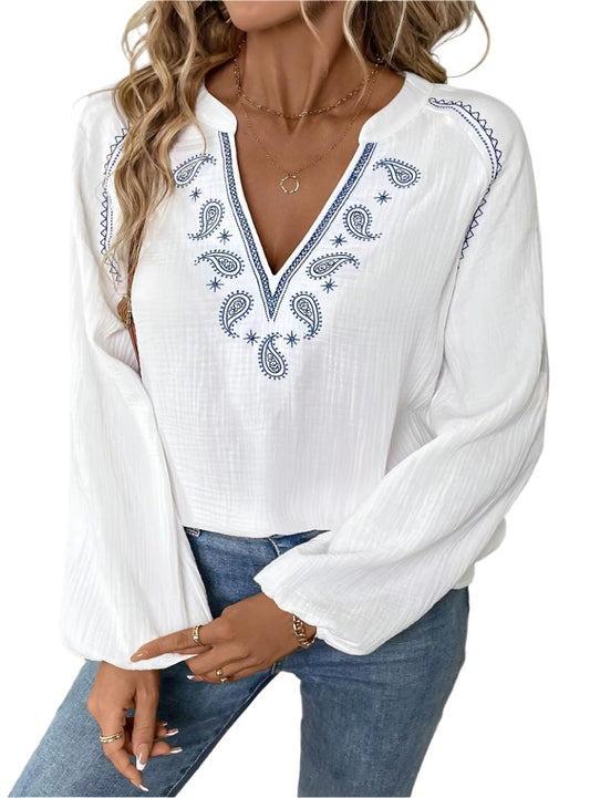 V-Neck Floral Embroidered Crinkle Cotton Blouse - Whimsical Clothing